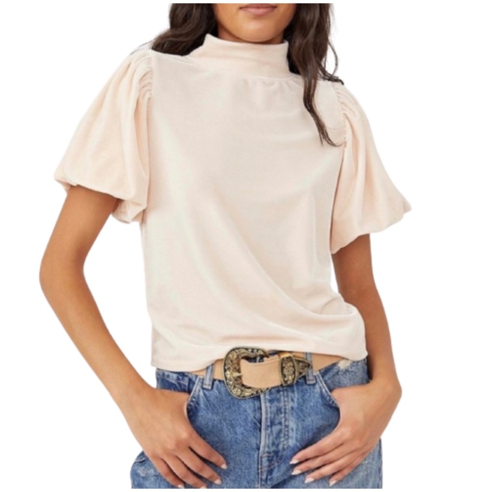 Free People Claudia Velvet T-Shirt Puff Sleeves Champagne Toast- Size Medium